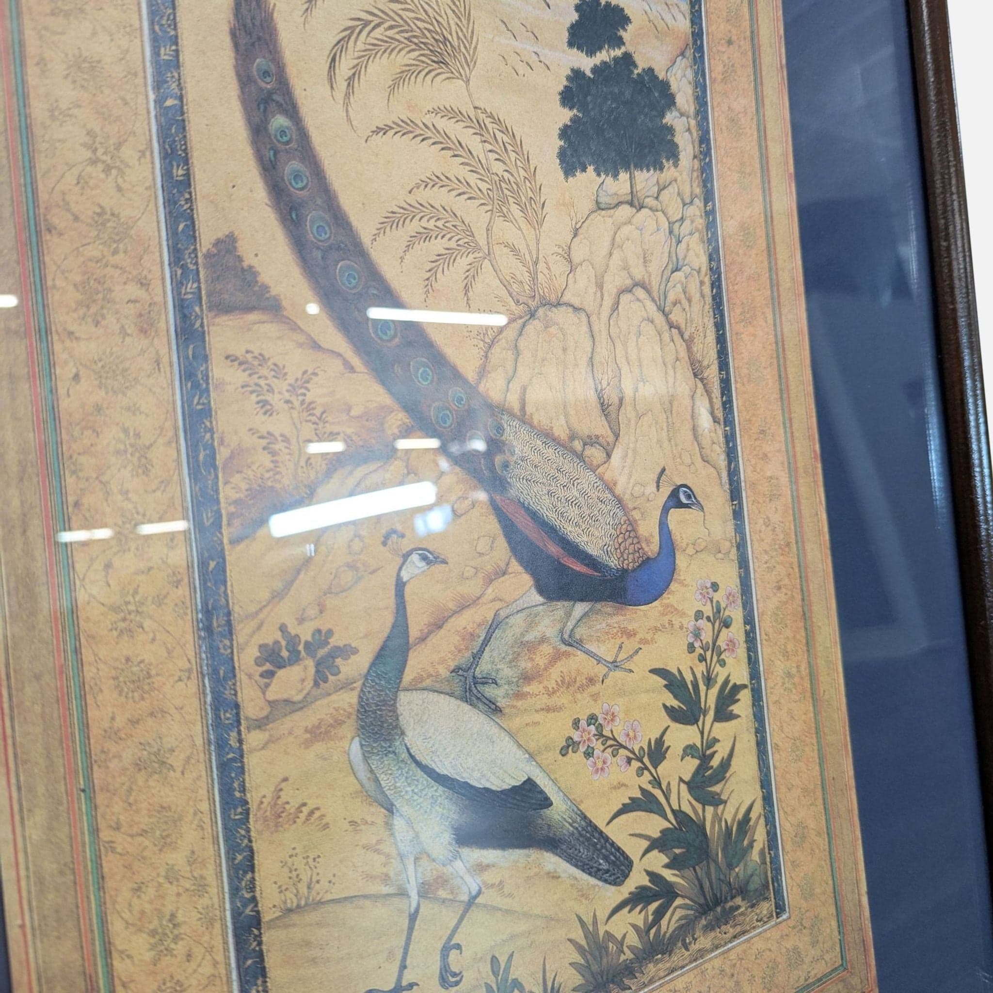 Vintage Framed Reproduction of a Mughal painting Titled Peacock and Peahen - Thumbnail 3
