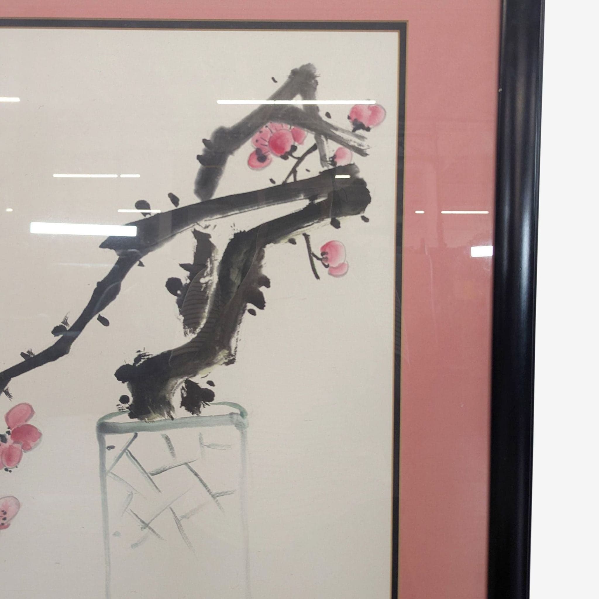 Large Framed Chinese Ink Wash Style Still Life – Plum Blossom & Grapes Artwork - Thumbnail 2