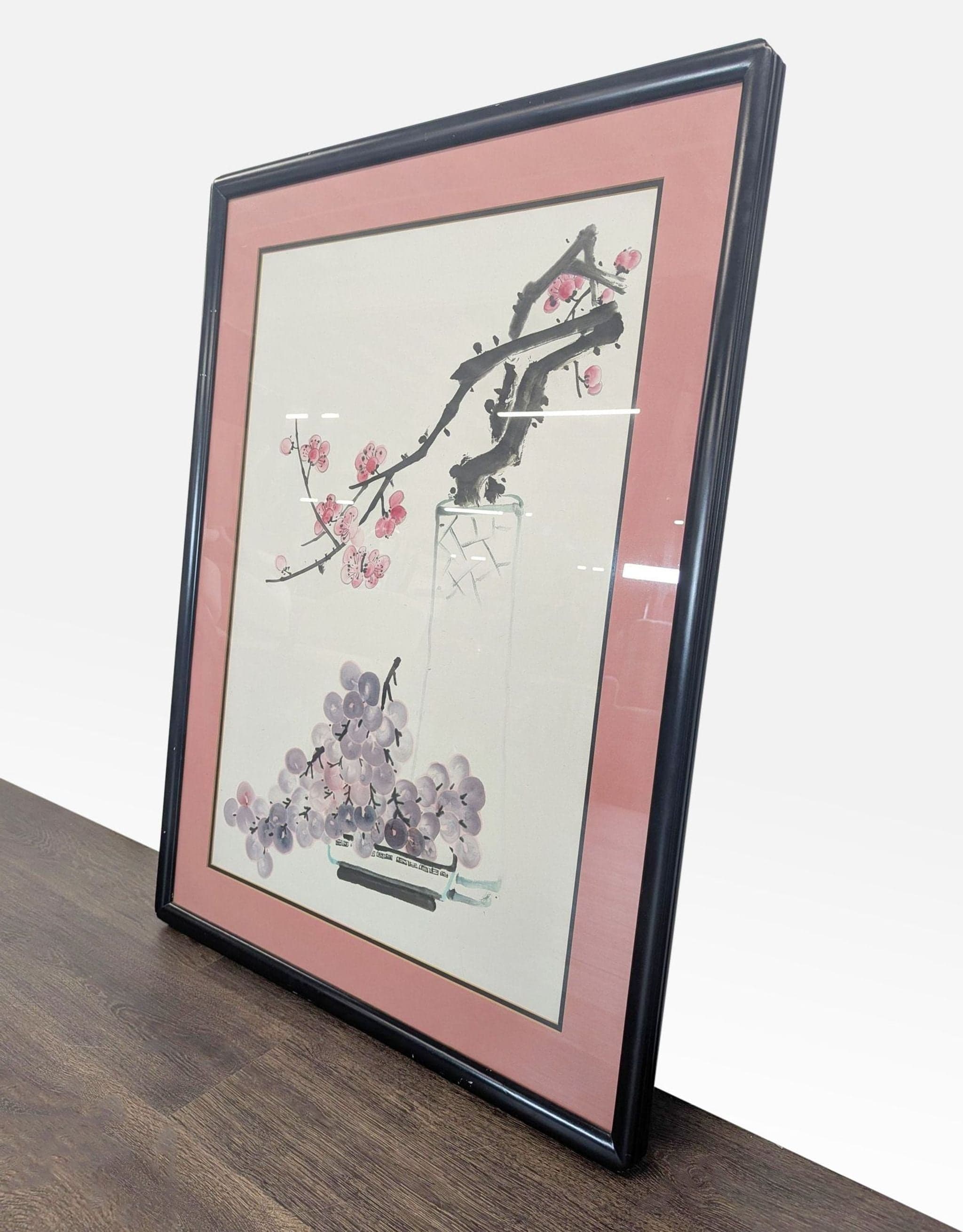 Large Framed Chinese Ink Wash Style Still Life – Plum Blossom & Grapes Artwork - Thumbnail 5