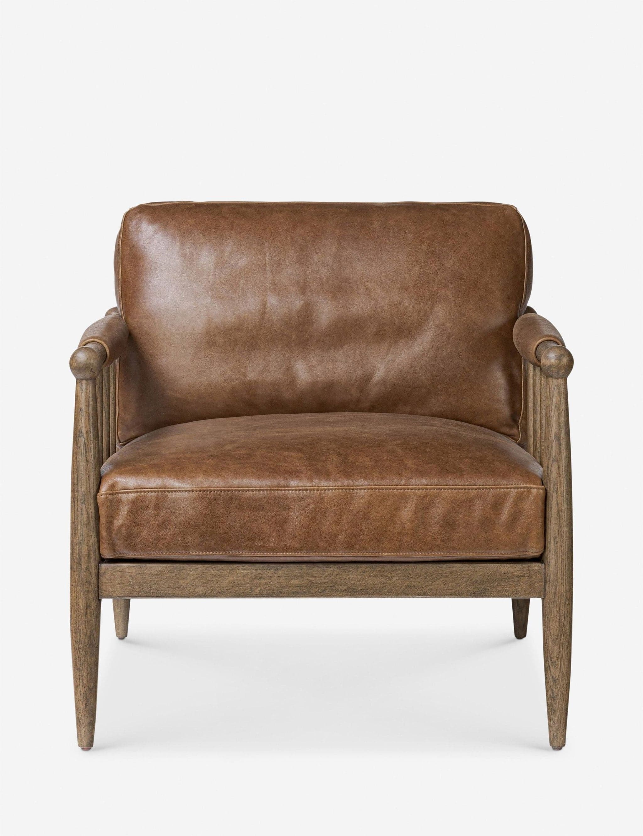 Lulu and Georgia Warren Brown Leather Lounge Chair with Wooden Frame - Image 1