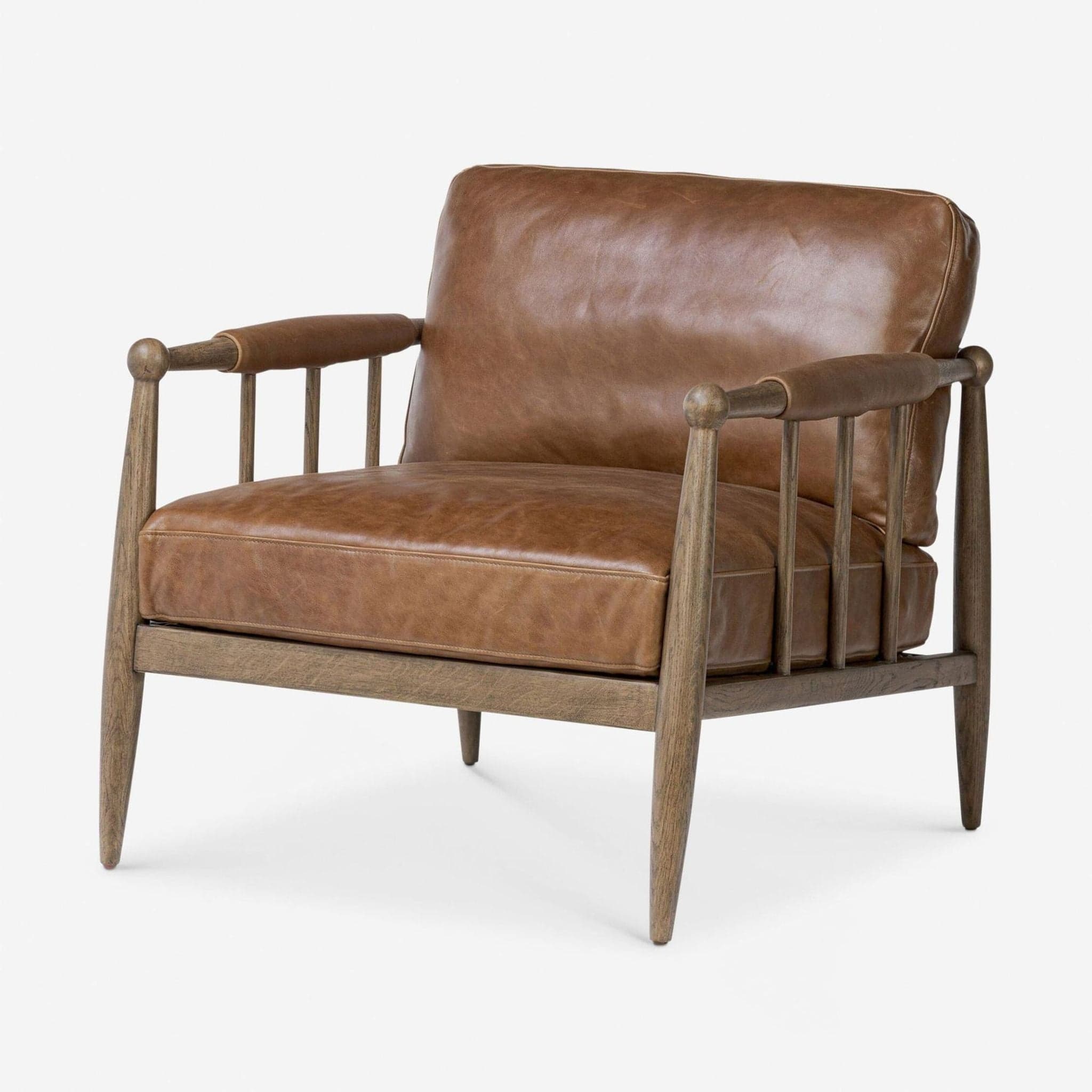 Lulu and Georgia Warren Brown Leather Lounge Chair with Wooden Frame - Thumbnail 2
