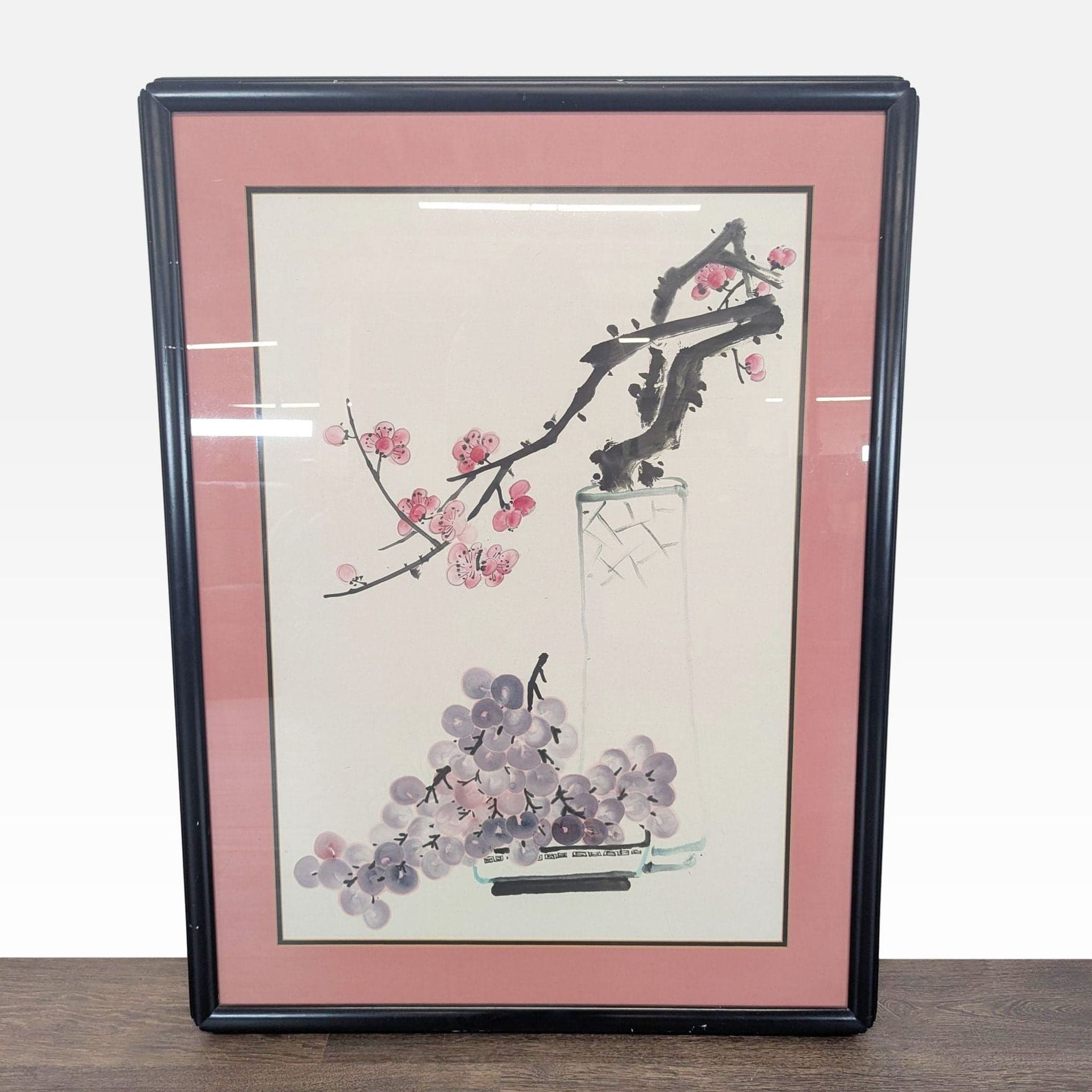 Large Framed Chinese Ink Wash Style Still Life – Plum Blossom & Grapes Artwork - Image 1