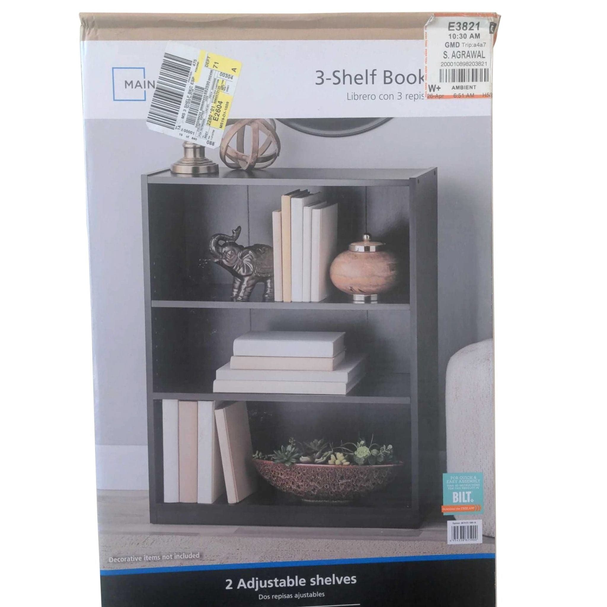 Mainstays Modern 3-Shelf Bookcase with Adjustable Shelves, Dark Wood Finish - Thumbnail 2