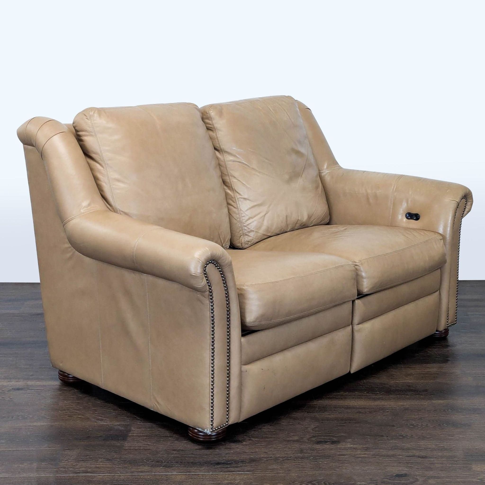 Bradington-Young Newman Tan Leather Loveseat with Recliner - Thumbnail 3