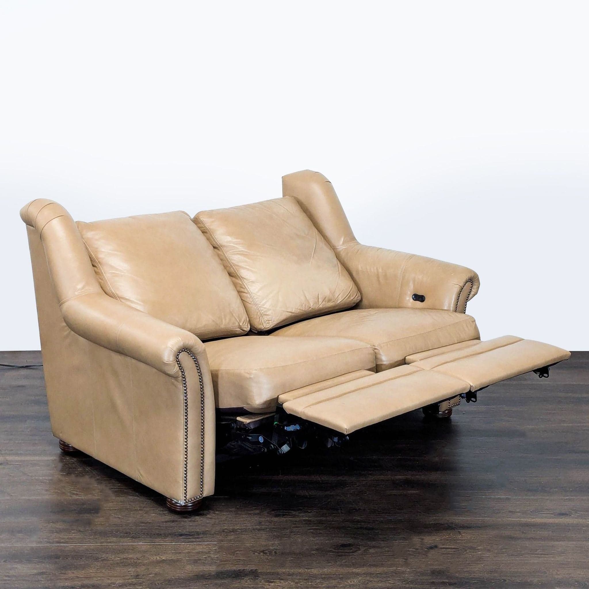 Bradington-Young Newman Tan Leather Loveseat with Recliner - Thumbnail 2
