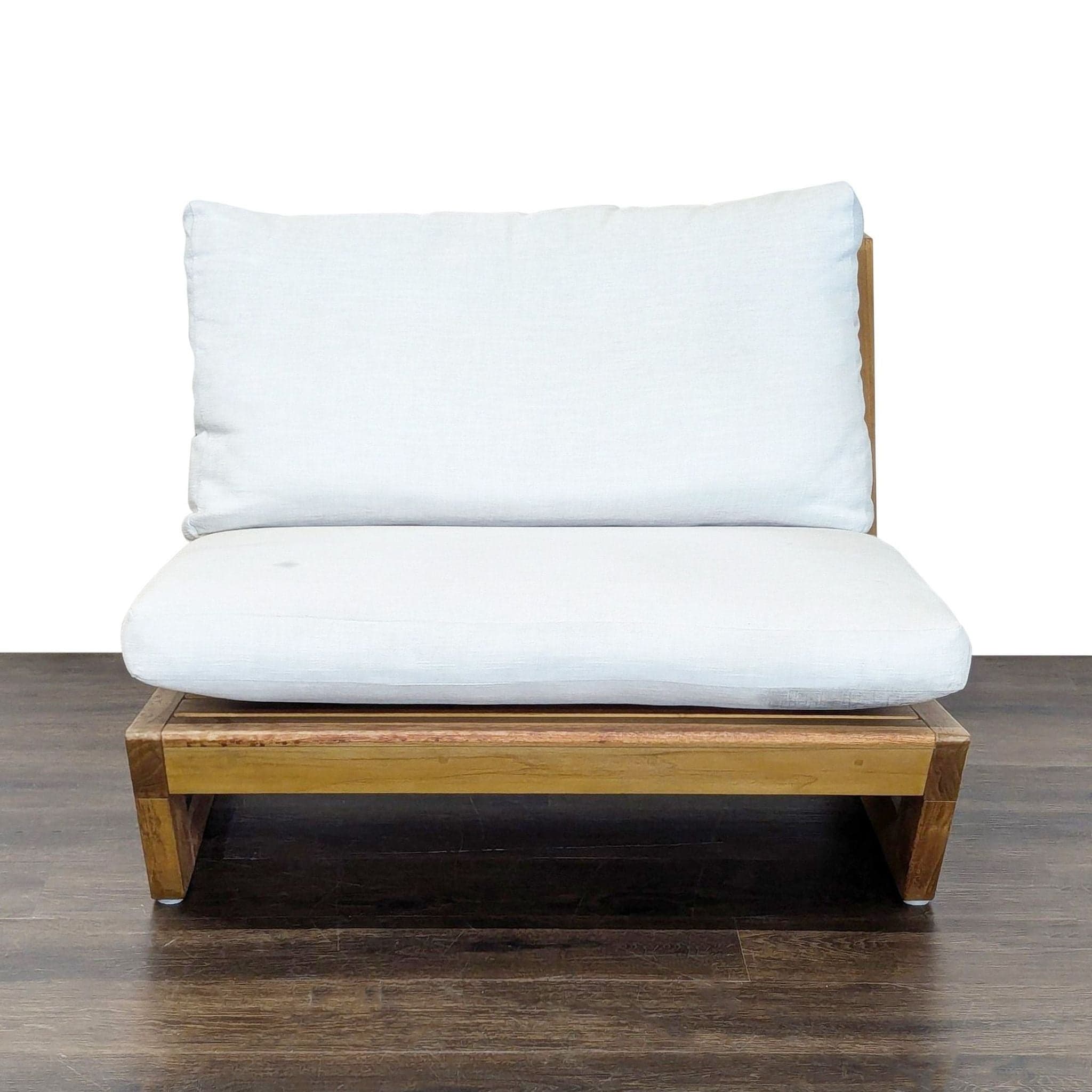 Crate and Barrel Modern Outdoor Wood Lounge Chair with White Cushions - Image 1