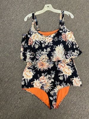 Curvy By Gaprinsra Swimwear Orange/Black/White 2pc Swimsuit Size 1X - Thumbnail 7
