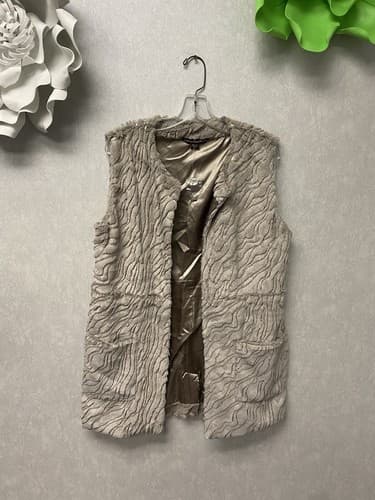 Mushka Sienna Rose Grey Faux Rabbit Fur Gold Sequin Long Vest Furrier Hooks Sz M - Image 1