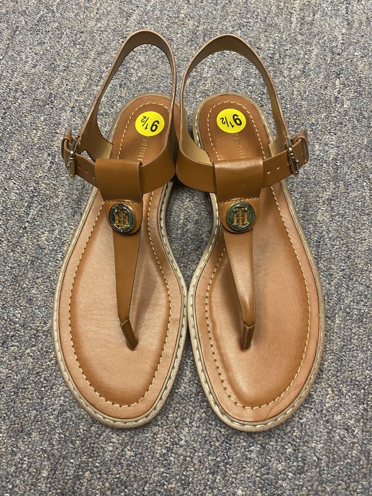 Tommy Hilfiger Brown T-Strap TH Logo Fashion Sandals Women's Size 9.5 - Image 1