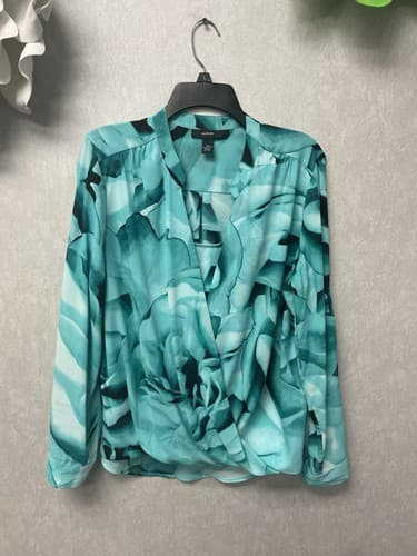 Alfani Green/Black Faux Wrap Blouse Size 14 - Image 1
