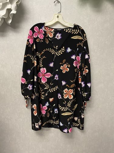 Express Womens Shift Dress Black Pink Floral 3/4 Tie Sleeve V-Neck Large - Image 1