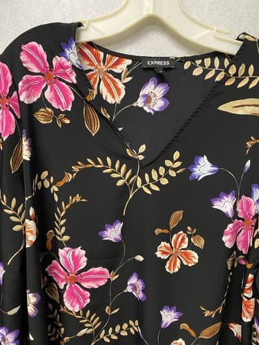 Express Womens Shift Dress Black Pink Floral 3/4 Tie Sleeve V-Neck Large - Thumbnail 2
