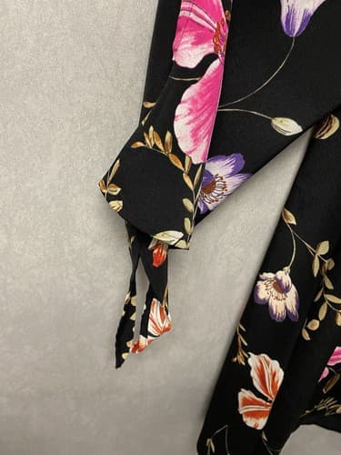 Express Womens Shift Dress Black Pink Floral 3/4 Tie Sleeve V-Neck Large - Thumbnail 4