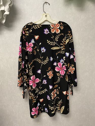 Express Womens Shift Dress Black Pink Floral 3/4 Tie Sleeve V-Neck Large - Thumbnail 5