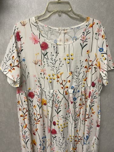 White Floral Shift Dress Short Sleeve Pockets Maxi Sz XL - Thumbnail 2