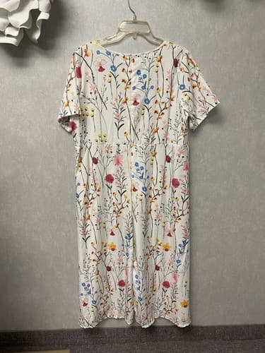White Floral Shift Dress Short Sleeve Pockets Maxi Sz XL - Thumbnail 5