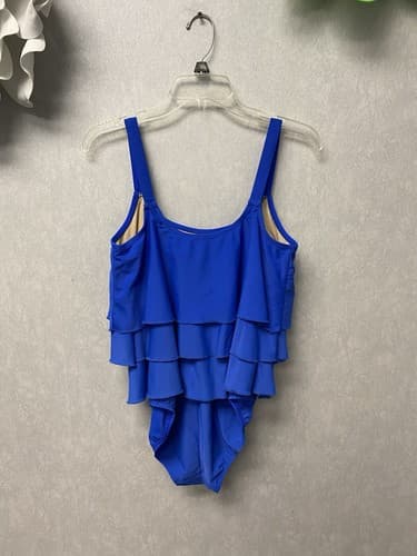 Valerie Bertinelli Ruffle tiered One Piece Swimsuit Blue Womens Size 16 - Thumbnail 4