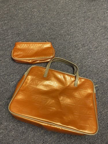 Vintage Clinique Cosmetic Make-up Travel Bag Orange with Cream Handle Set of 2 - Image 1