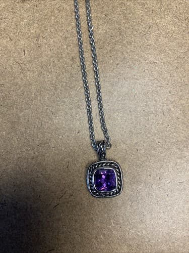 Silver Tone Purple Glass Stone Pendant Necklace - Image 1