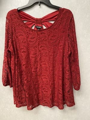 Roz & Ali Red Lace Blouse Size 1X - Thumbnail 2