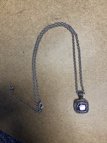 Silver Tone Purple Glass Stone Pendant Necklace - Thumbnail 2