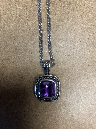 Silver Tone Purple Glass Stone Pendant Necklace - Thumbnail 3