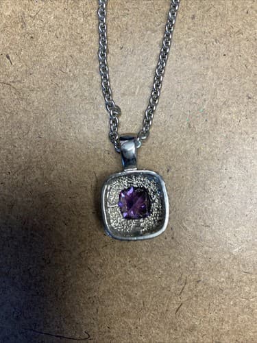 Silver Tone Purple Glass Stone Pendant Necklace - Thumbnail 5