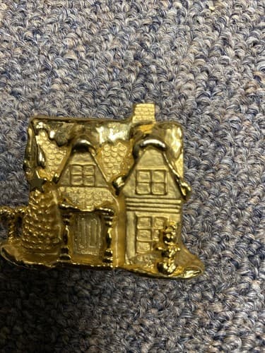 Vintage Signed AJC Gold Tone Christmas Tree Village House Snowman Pin Brooch - Thumbnail 3
