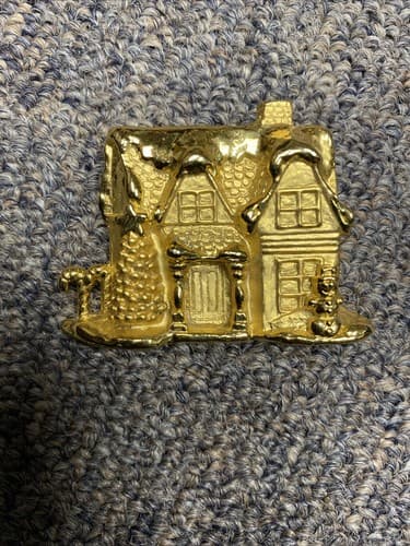 Vintage Signed AJC Gold Tone Christmas Tree Village House Snowman Pin Brooch - Image 1