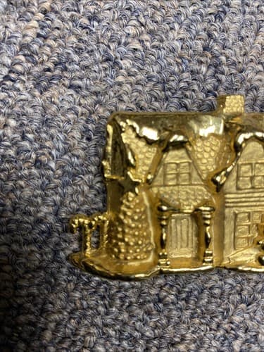 Vintage Signed AJC Gold Tone Christmas Tree Village House Snowman Pin Brooch - Thumbnail 2