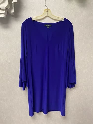 LAUREN RALPH LAUREN Women's Royal Blue Bell Sleeve V-neck Shift Dress Size 10 - Image 1