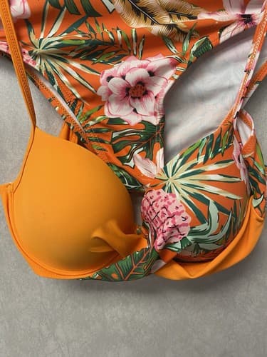 Shein Orange/ Green Padded Floral Bandeau Bikini Set Size Med - Thumbnail 3