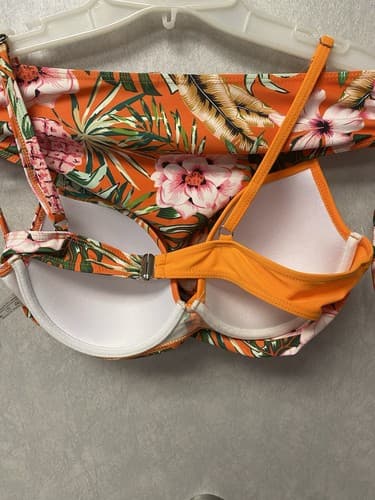 Shein Orange/ Green Padded Floral Bandeau Bikini Set Size Med - Thumbnail 7