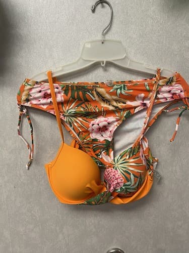 Shein Orange/ Green Padded Floral Bandeau Bikini Set Size Med - Thumbnail 2