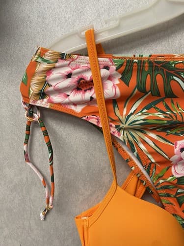 Shein Orange/ Green Padded Floral Bandeau Bikini Set Size Med - Thumbnail 4