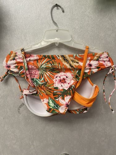 Shein Orange/ Green Padded Floral Bandeau Bikini Set Size Med - Thumbnail 6