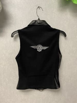 Black Leather Front Vest With Harley Davison Size Med Stretch Back - Thumbnail 4