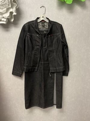 Ella Black Denim 2pc Jacket And Skirt Suit Size M/7 - Image 1
