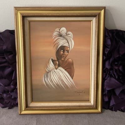 Elaine Dungill 1987 Mother and Child Oil Painting in Gold Frame - Image 1