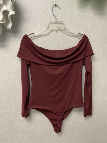AFRM Bodysuit Burgundy Off Shoulder Ribbed Long Sleeve Size XL - Thumbnail 6