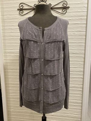 Anne Klein Cardigan Sweater Silver/Gray Rayon Size M Long Sleeve - Image 1