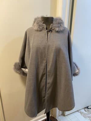 Fleece Poncho Cape Grey, Faux Fur Collar And Cuffs One Size - Image 1