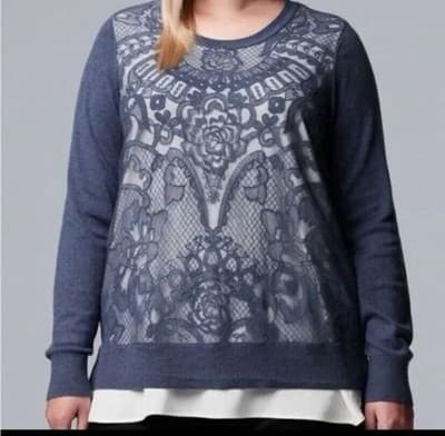 Simply Vera Blue Lace Overlay Classic 2Fer Sweater Top Women's Size XL - Image 1