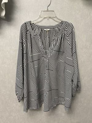 Milano Womens Tunic Blouse Black White Striped V Neck Pleated 3/4 Sleeves Size L - Image 1