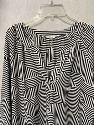 Milano Womens Tunic Blouse Black White Striped V Neck Pleated 3/4 Sleeves Size L - Thumbnail 2