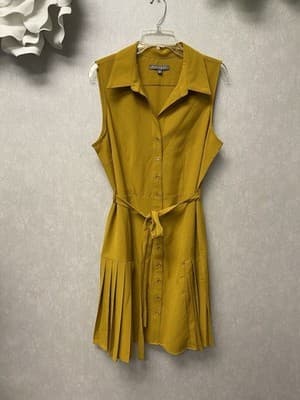 Sharagano Collared Button Down Yellow Sleeveless Belted Midi Dress Sz 12 - Thumbnail 3