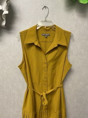 Sharagano Collared Button Down Yellow Sleeveless Belted Midi Dress Sz 12 - Thumbnail 4