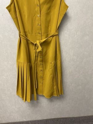 Sharagano Collared Button Down Yellow Sleeveless Belted Midi Dress Sz 12 - Thumbnail 7