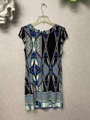 R&K Womens Dress Blue Black Teal White Stretch Knit Size Medium - Thumbnail 5