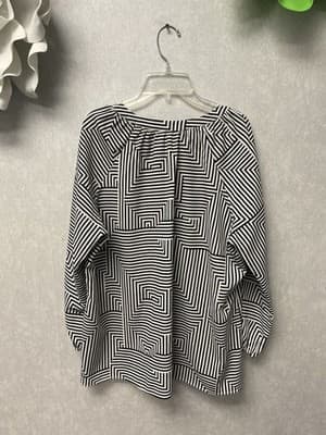 Milano Womens Tunic Blouse Black White Striped V Neck Pleated 3/4 Sleeves Size L - Thumbnail 6